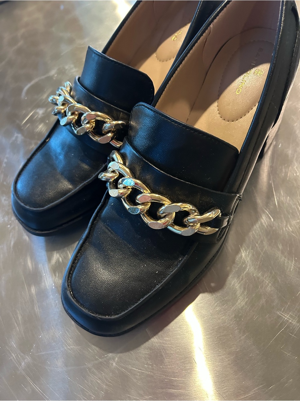 Bandolino Black Leather Loafers with Gold Chain Trim